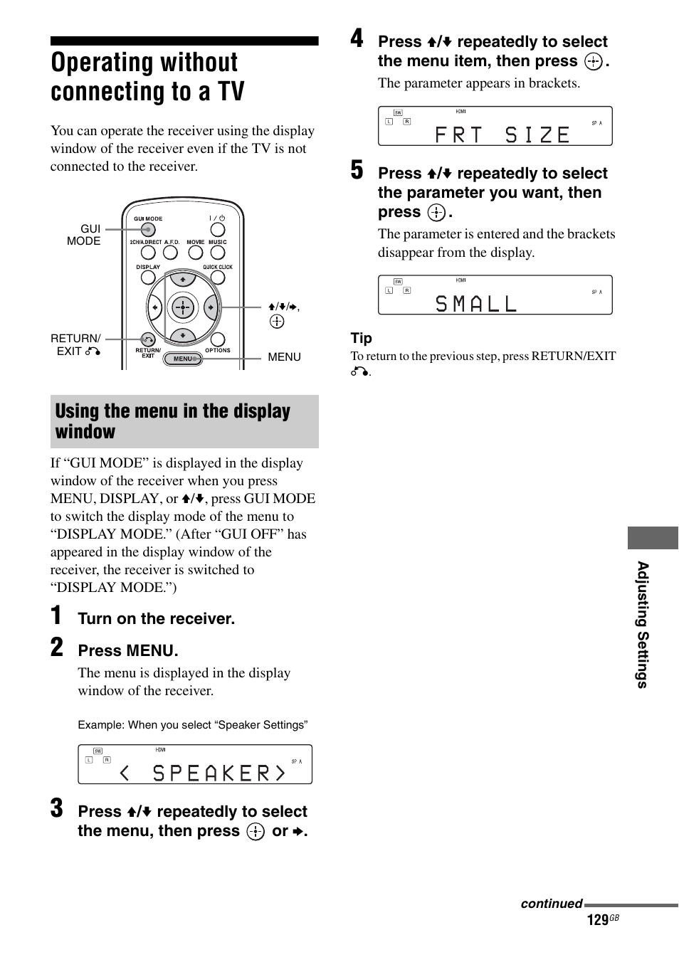Operating without connecting to a tv, Using the menu in the display window | Sony STR-DA4600ES User Manual | Page 129 / 170