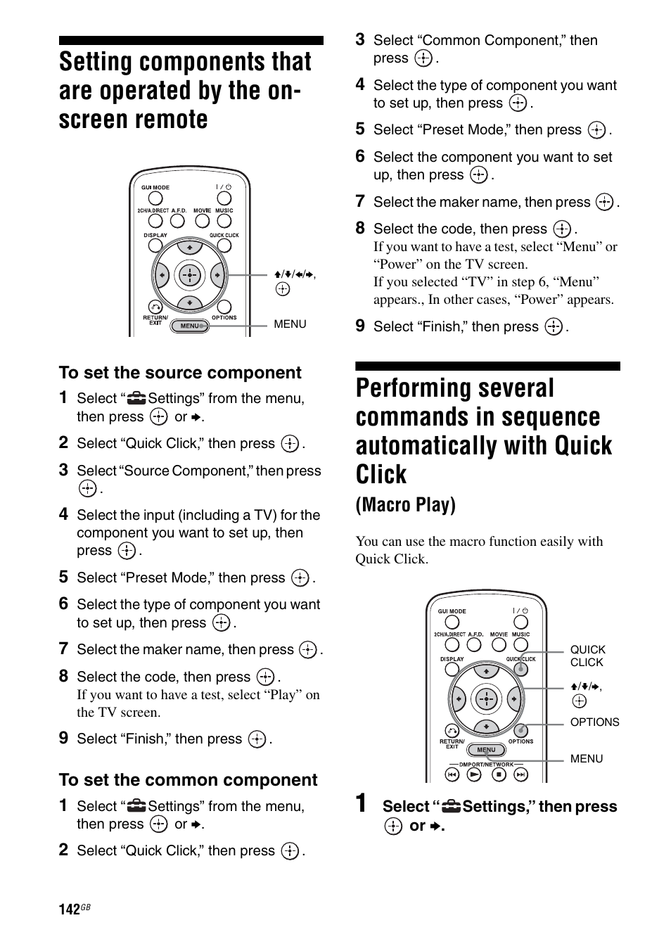 Setting components that are operated by the, On-screen remote, Performing several commands in sequence | Automatically with quick click (macro play), Macro play) | Sony STR-DA4600ES User Manual | Page 142 / 170