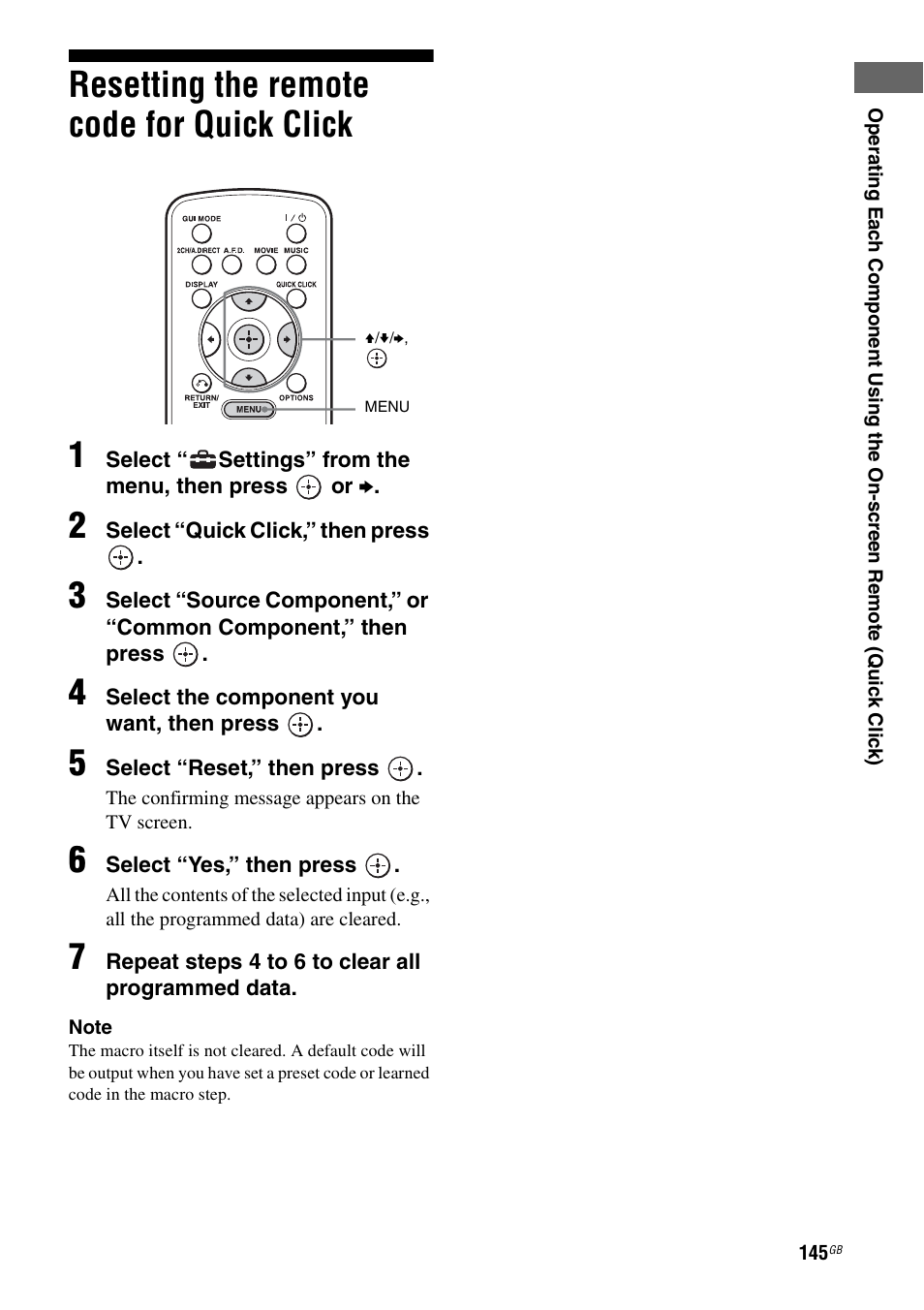 Resetting the remote code for quick click, Resetting the remote code for quick, Click | Resetting the remote code for quick click 1 | Sony STR-DA4600ES User Manual | Page 145 / 170