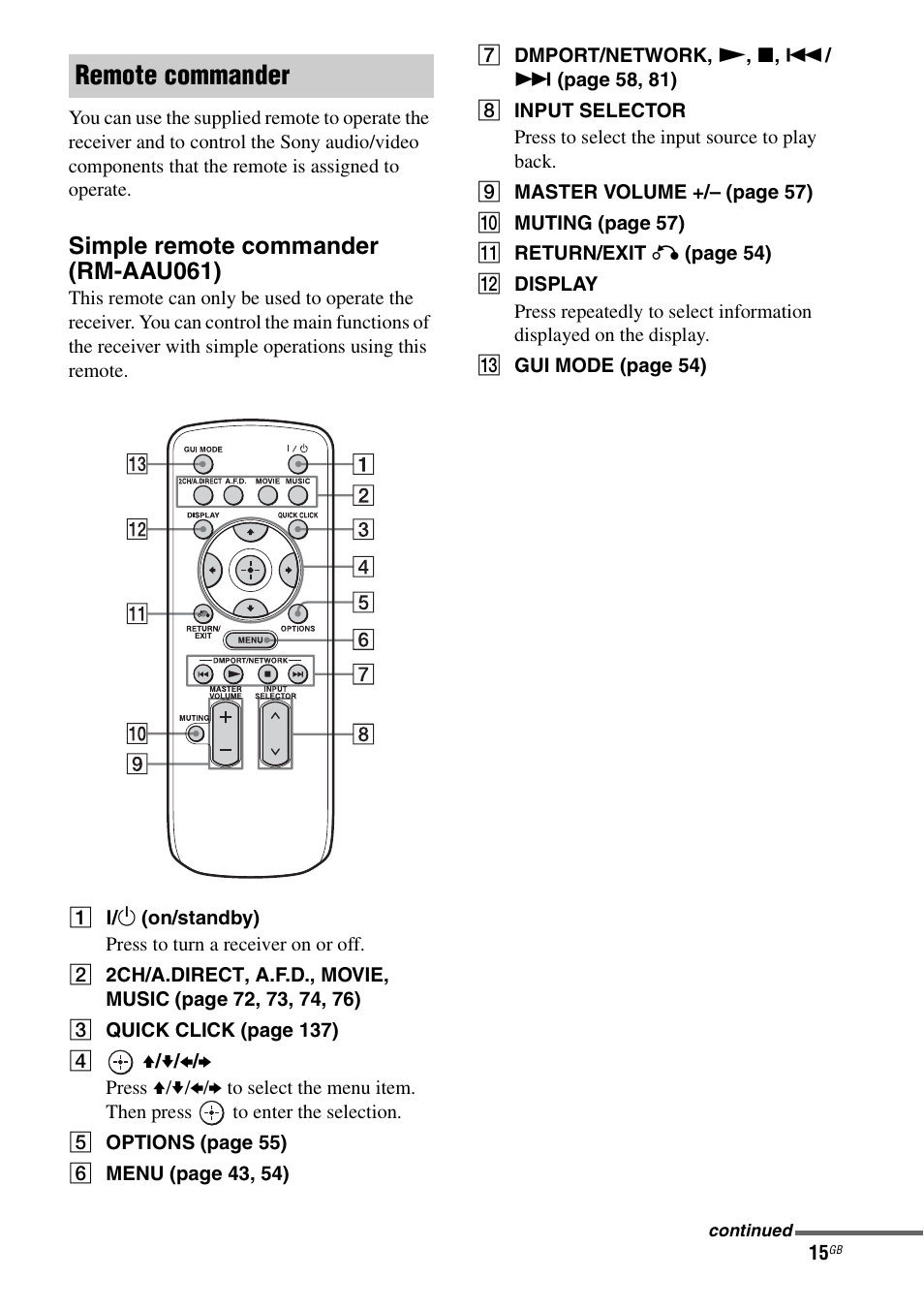 Remote commander, Simple remote commander (rm-aau061) | Sony STR-DA4600ES User Manual | Page 15 / 170