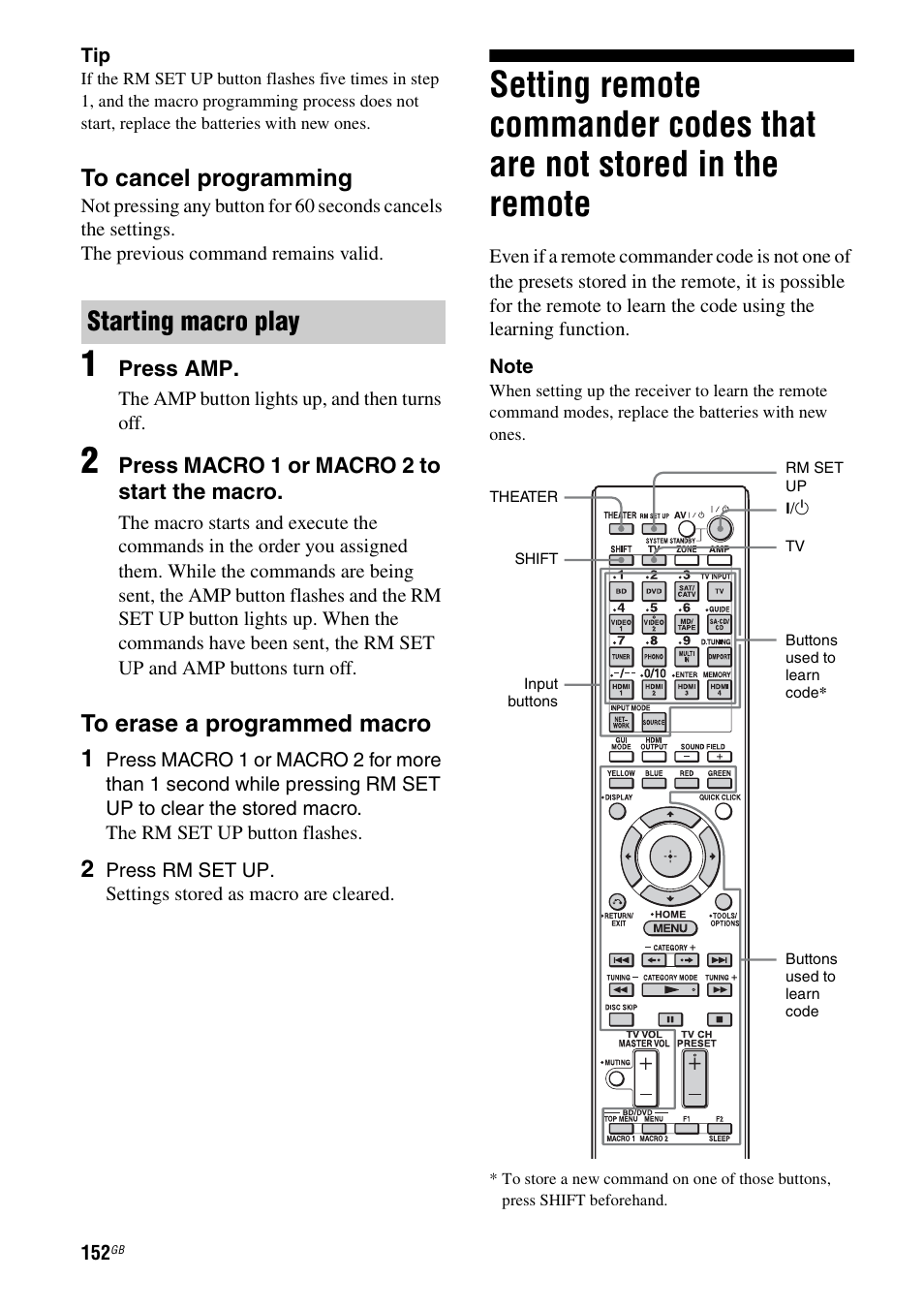 Setting remote commander codes that are not, Stored in the remote, Starting macro play | Sony STR-DA4600ES User Manual | Page 152 / 170