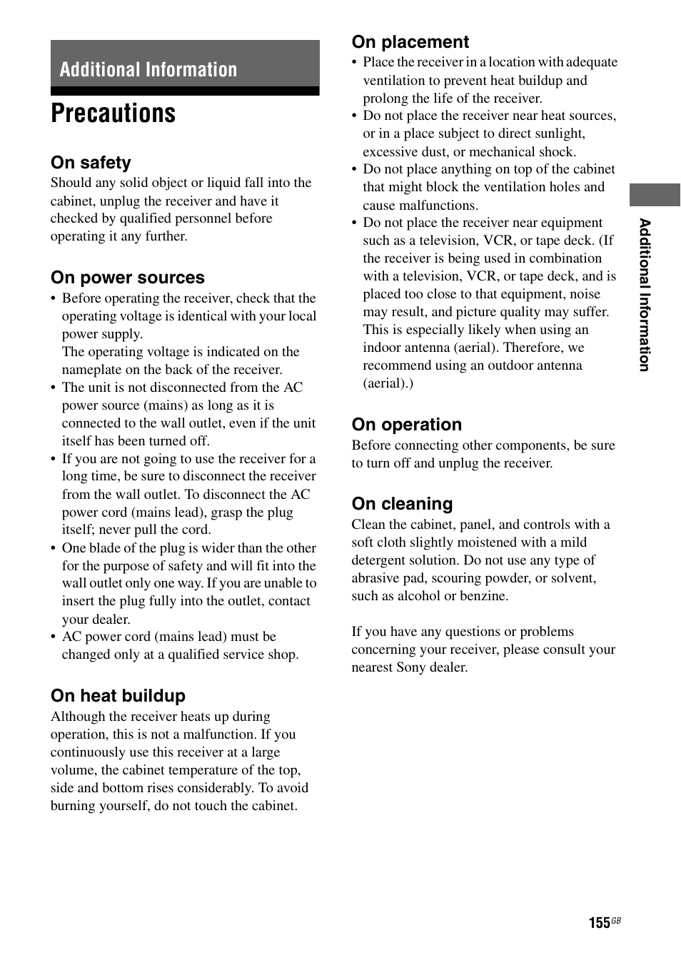 Additional information, Precautions | Sony STR-DA4600ES User Manual | Page 155 / 170