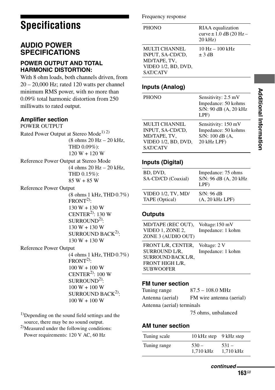 Specifications, Audio power specifications | Sony STR-DA4600ES User Manual | Page 163 / 170