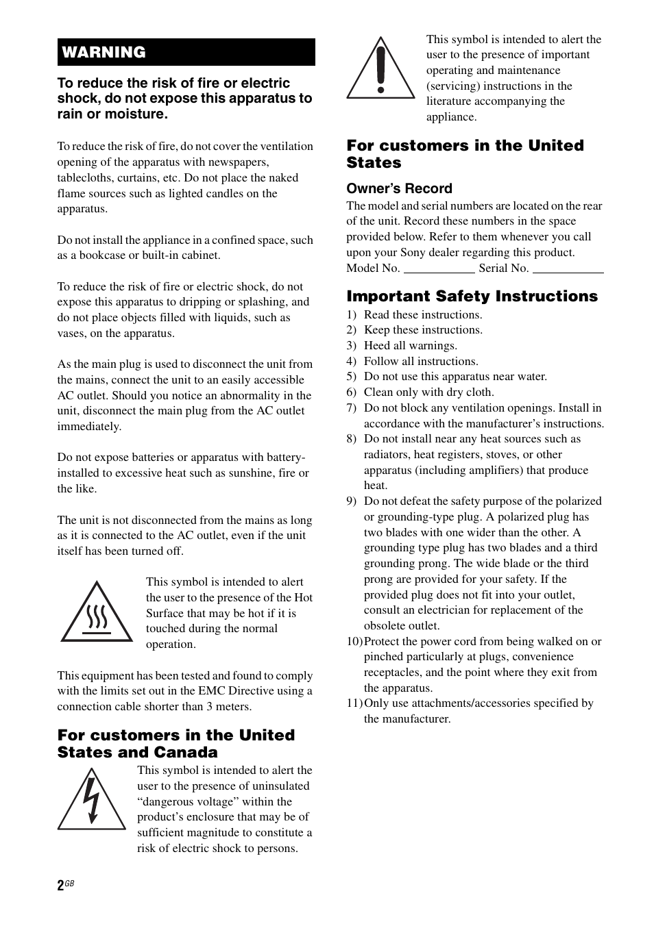 For customers in the united states and canada, For customers in the united states, Important safety instructions | Warning | Sony STR-DA4600ES User Manual | Page 2 / 170