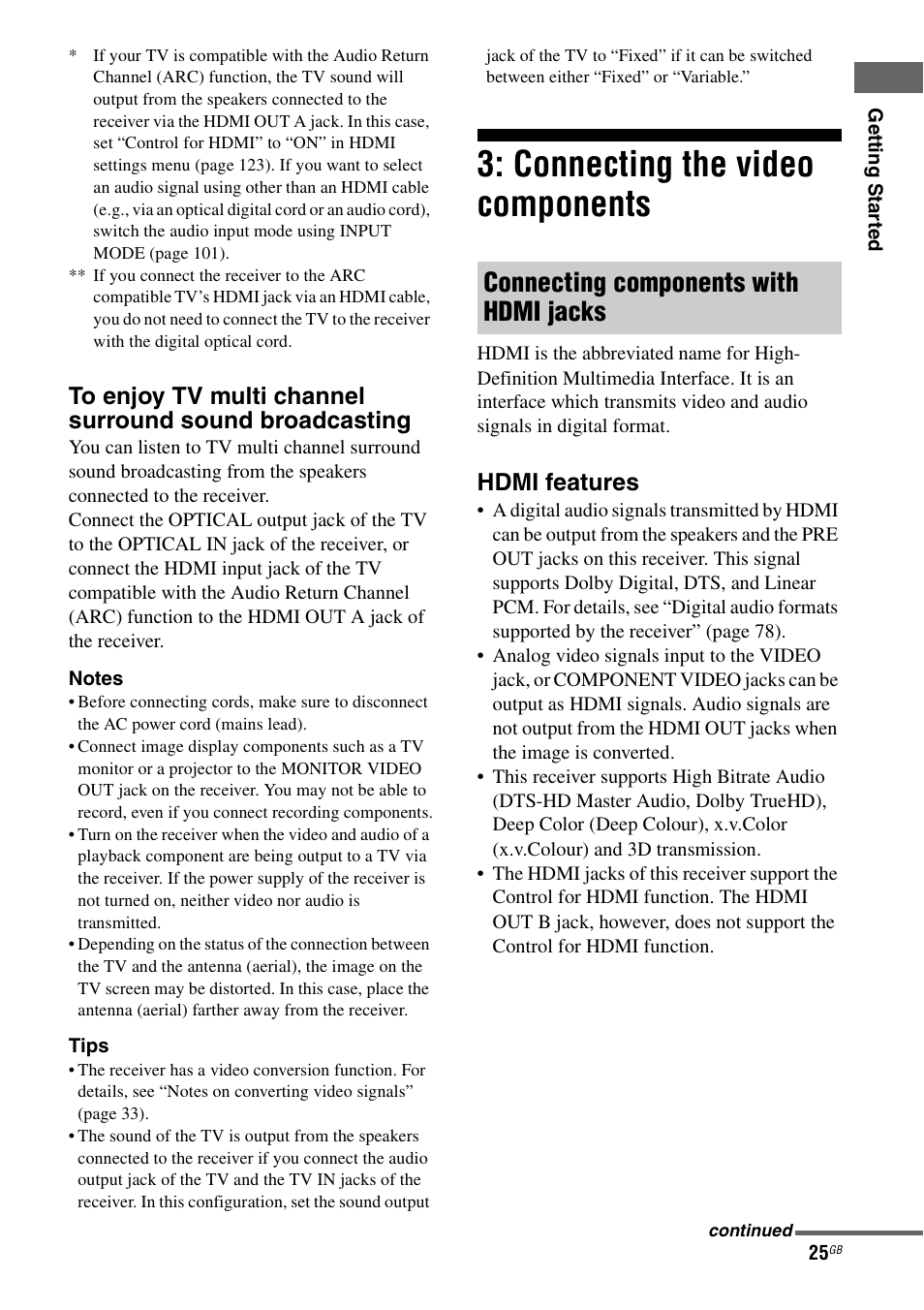 Connecting the video components, Connecting components with hdmi jacks, Hdmi features | Sony STR-DA4600ES User Manual | Page 25 / 170