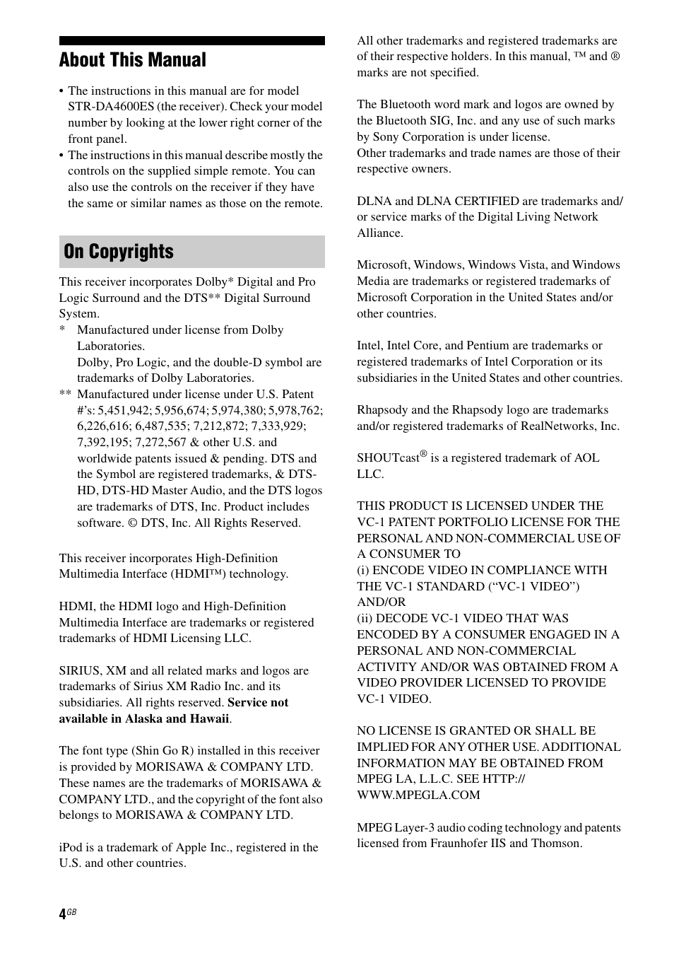 About this manual, On copyrights | Sony STR-DA4600ES User Manual | Page 4 / 170