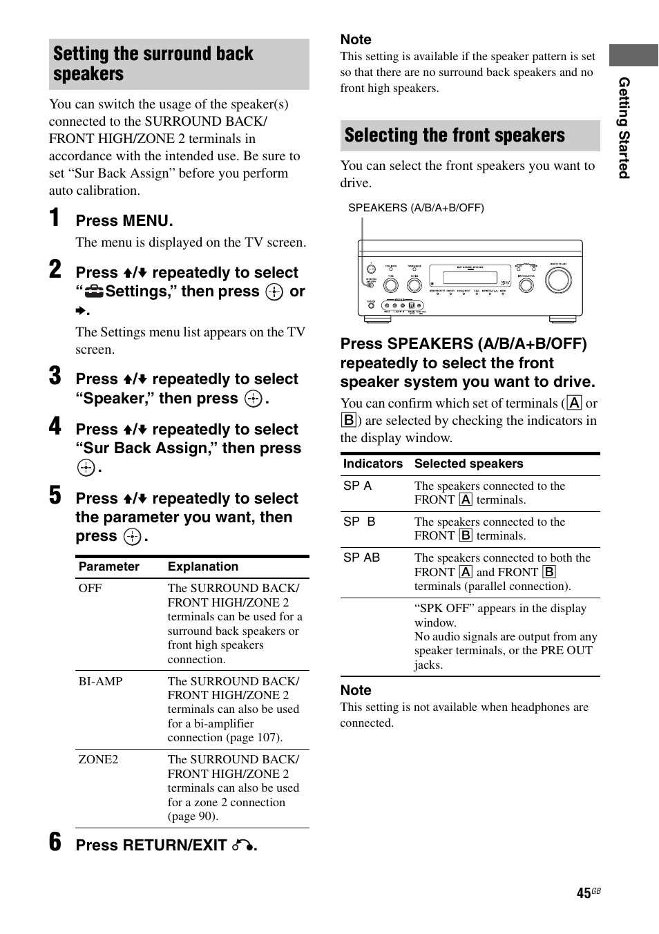 Setting the surround back speakers, Selecting the front speakers | Sony STR-DA4600ES User Manual | Page 45 / 170