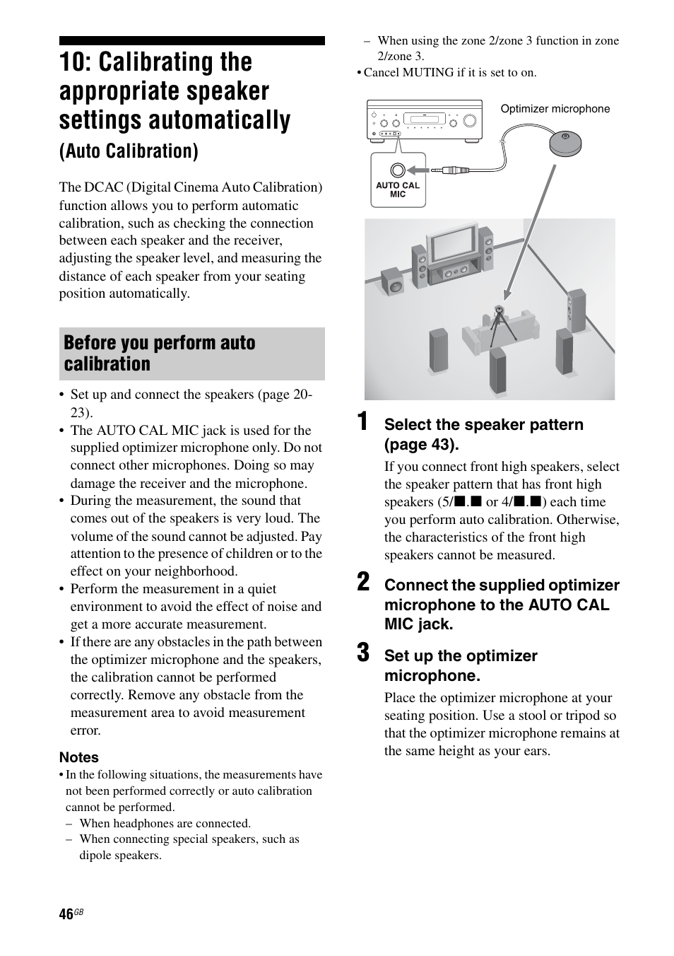 Calibrating the appropriate speaker, Settings automatically (auto calibration), Auto calibration) | Before you perform auto calibration | Sony STR-DA4600ES User Manual | Page 46 / 170