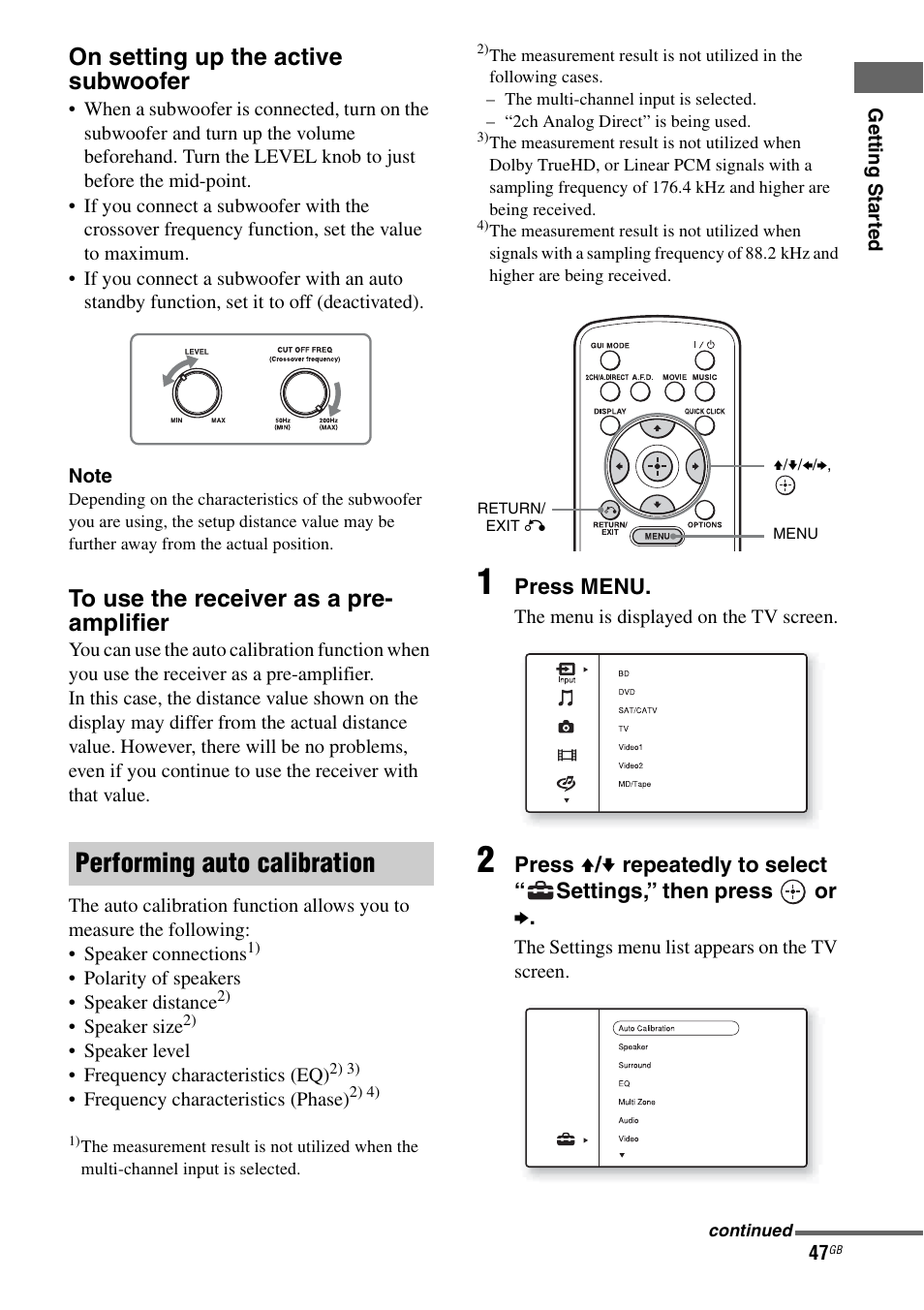 Performing auto calibration, On setting up the active subwoofer | Sony STR-DA4600ES User Manual | Page 47 / 170