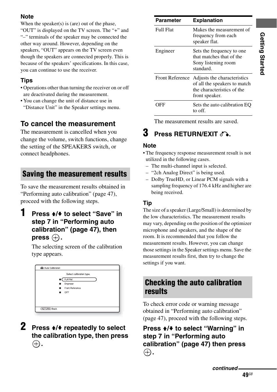 Saving the measurement results, Checking the auto calibration results | Sony STR-DA4600ES User Manual | Page 49 / 170