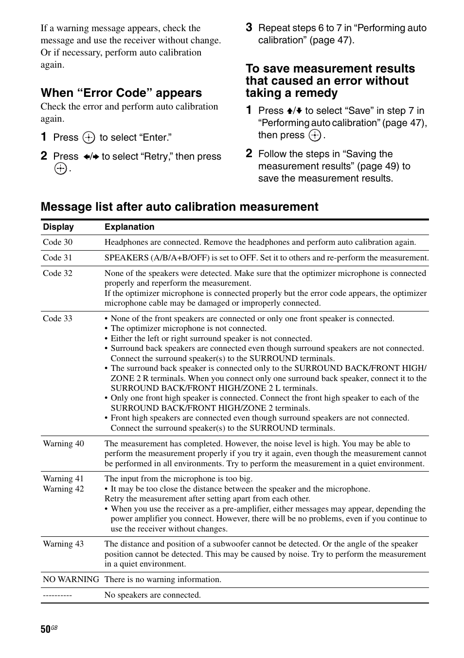 When “error code” appears, Message list after auto calibration measurement | Sony STR-DA4600ES User Manual | Page 50 / 170