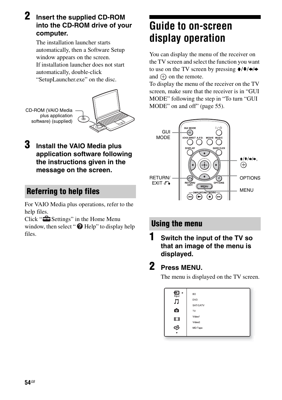 Guide to on-screen display operation, Referring to help files, Using the menu | Sony STR-DA4600ES User Manual | Page 54 / 170