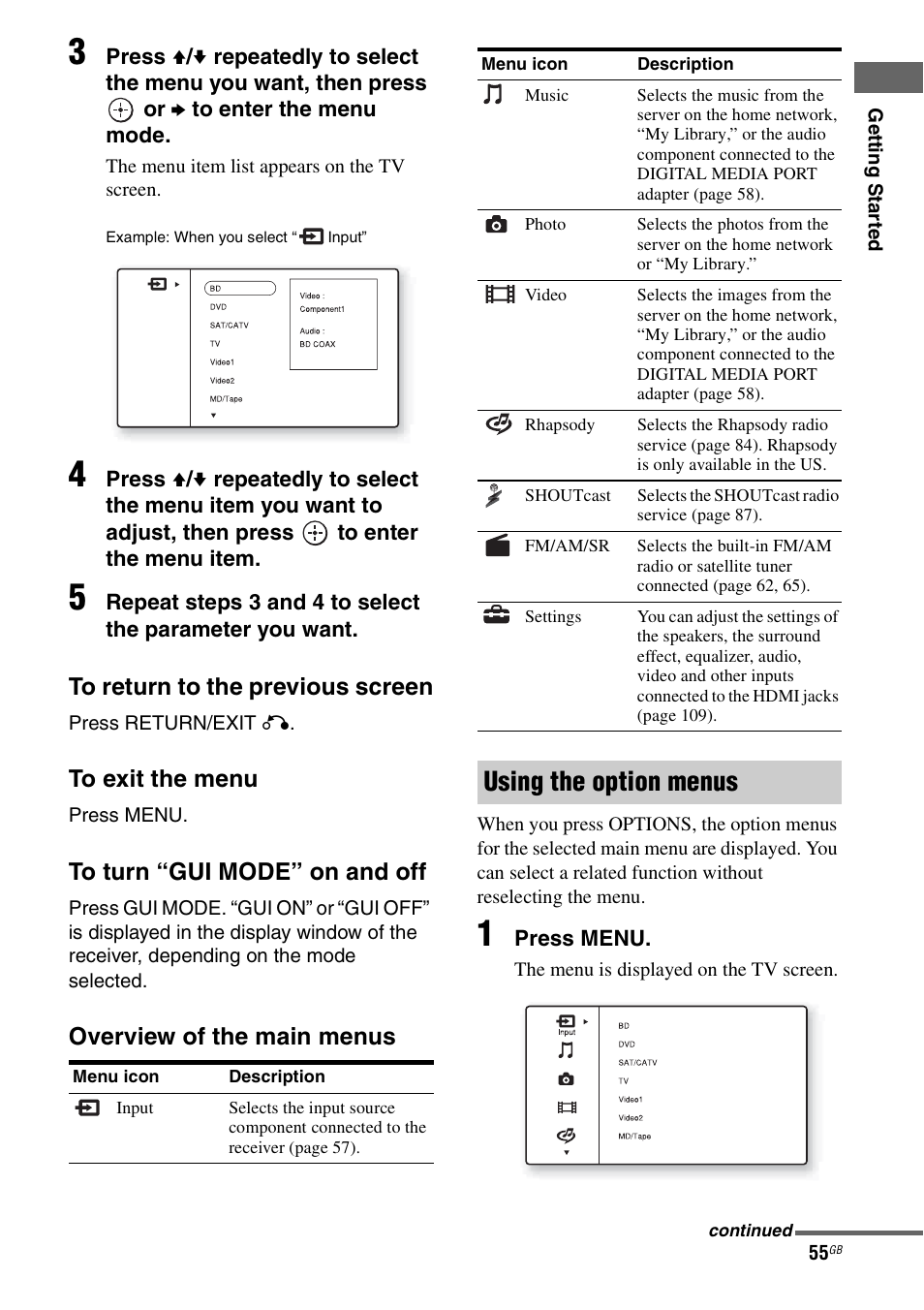 Using the option menus, Overview of the main menus | Sony STR-DA4600ES User Manual | Page 55 / 170