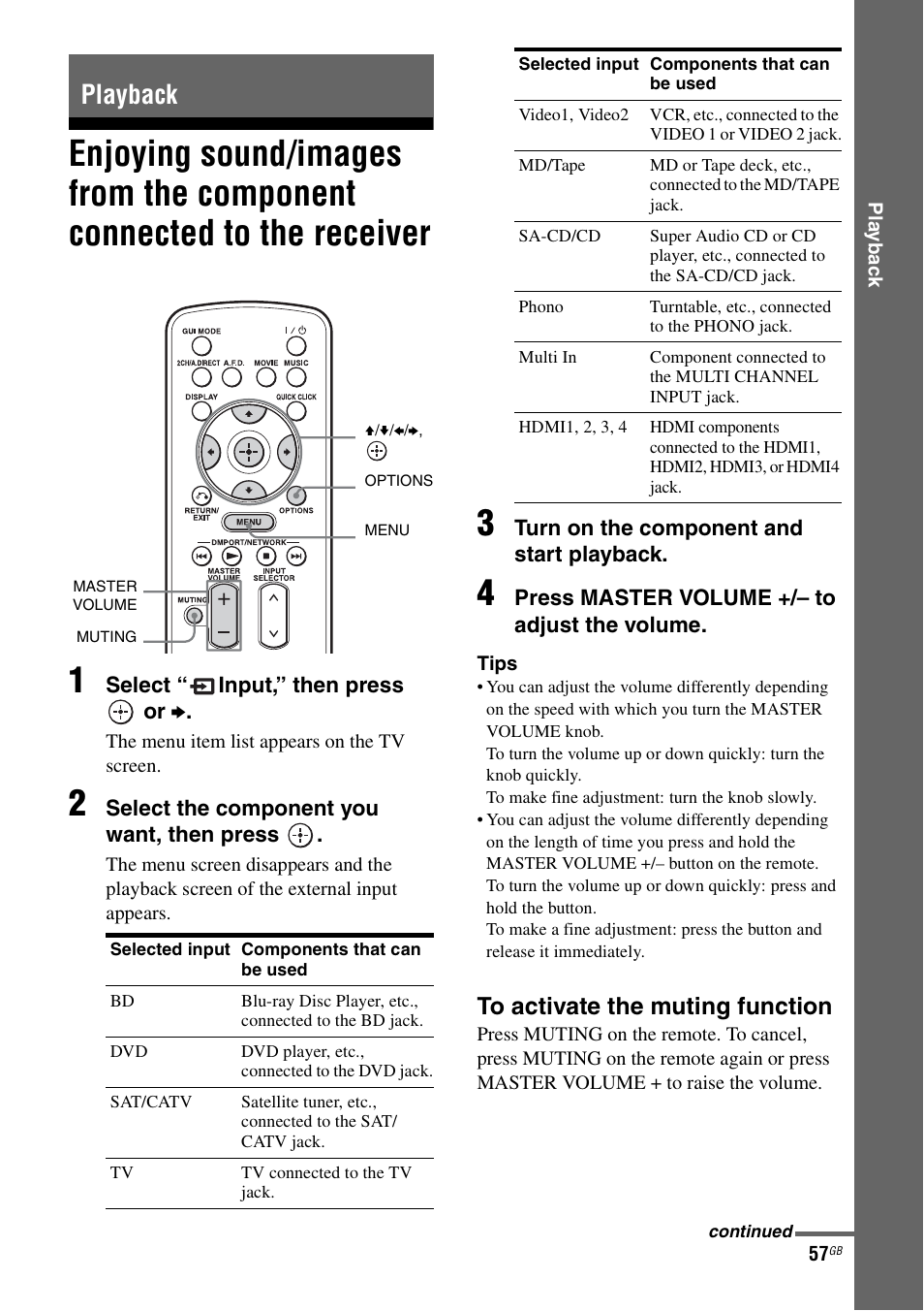 Playback, Enjoying sound/images from the component, Connected to the receiver | Sony STR-DA4600ES User Manual | Page 57 / 170