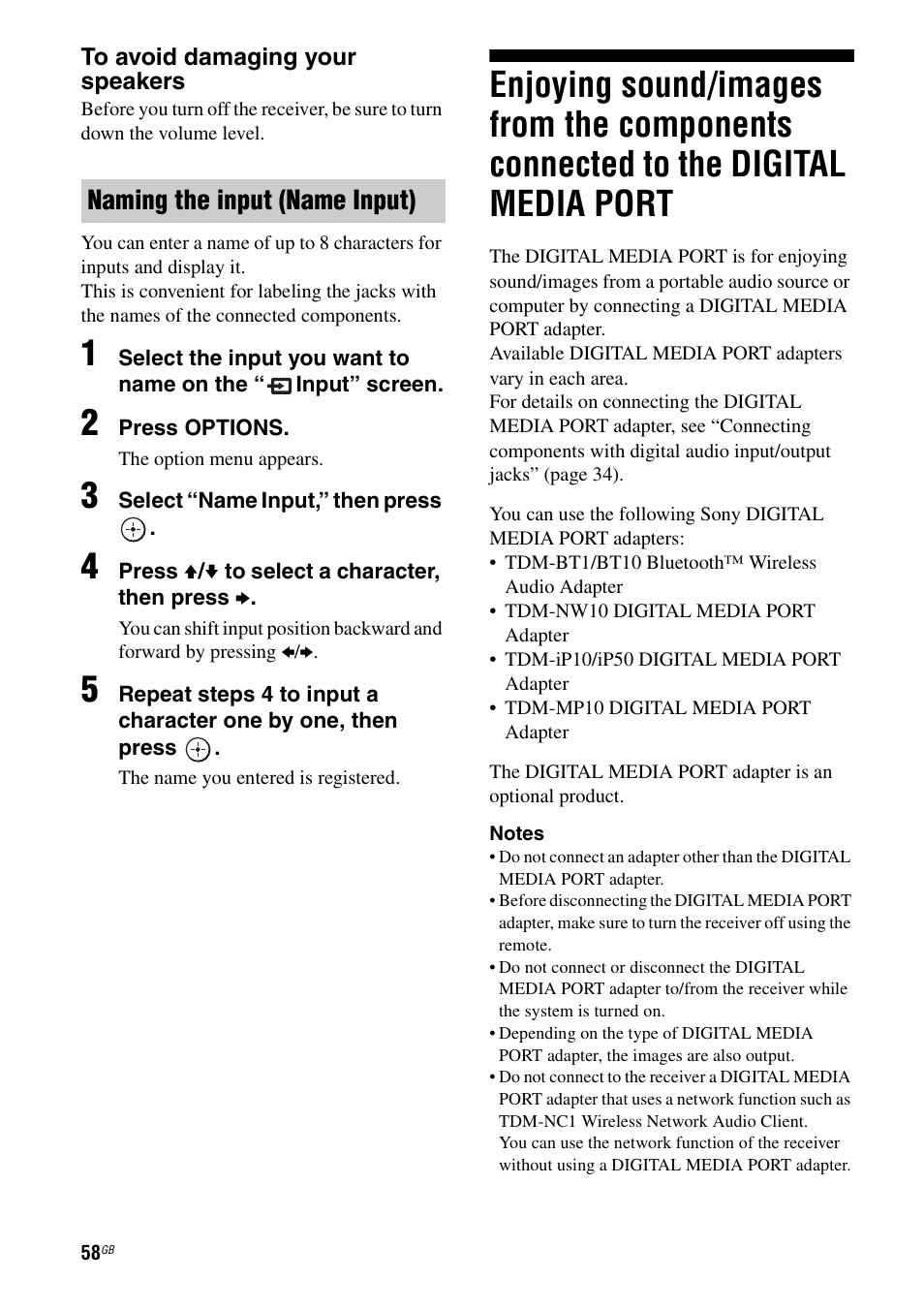 Enjoying sound/images from the components, Connected to the digital media port, Naming the input (name input) | Sony STR-DA4600ES User Manual | Page 58 / 170