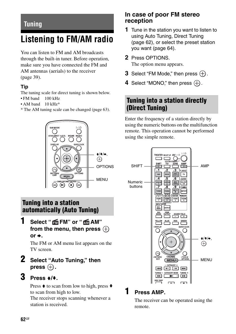 Tuning, Listening to fm/am radio, Tuning into a station directly (direct tuning) | Sony STR-DA4600ES User Manual | Page 62 / 170