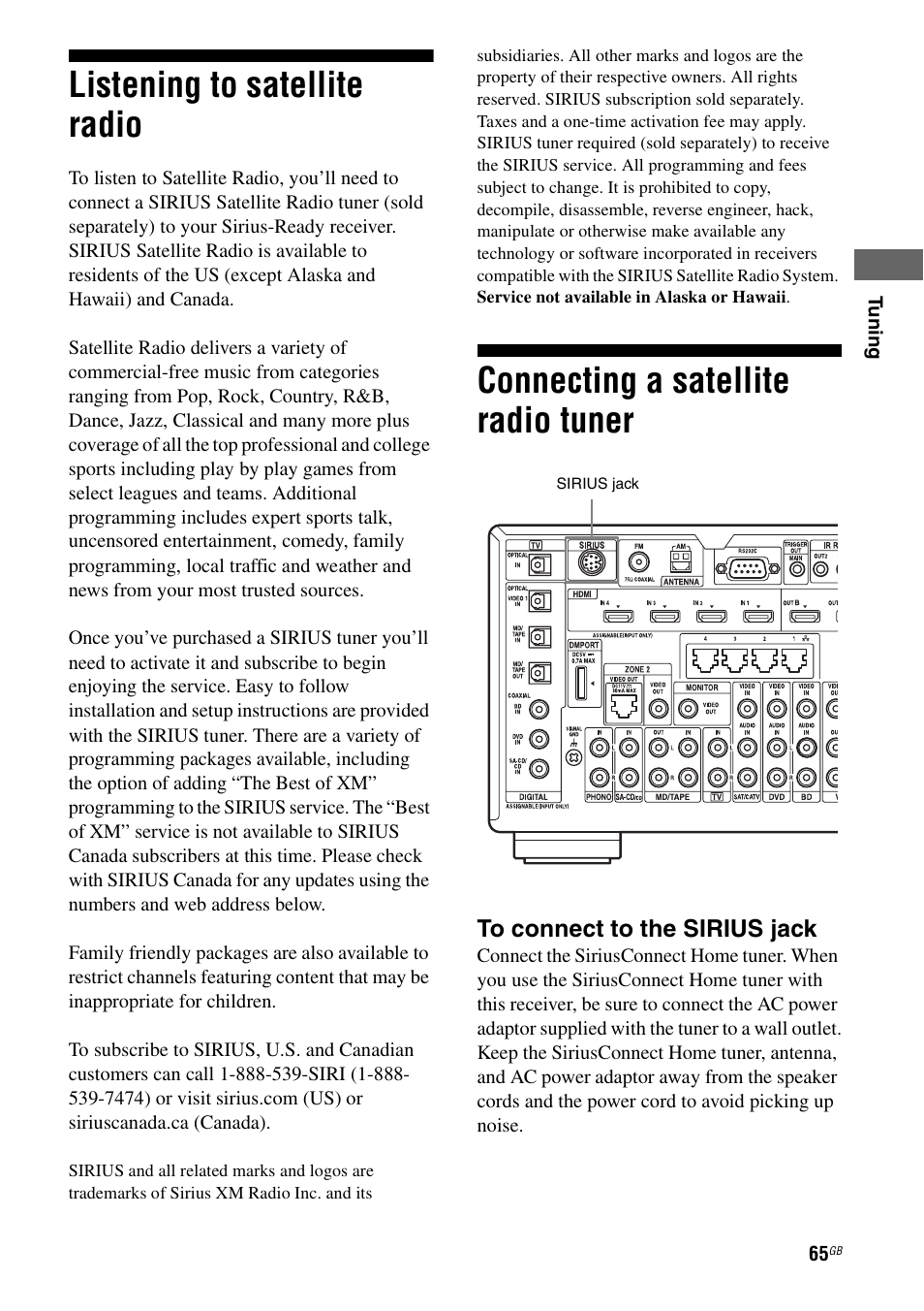 Listening to satellite radio, Connecting a satellite radio tuner | Sony STR-DA4600ES User Manual | Page 65 / 170