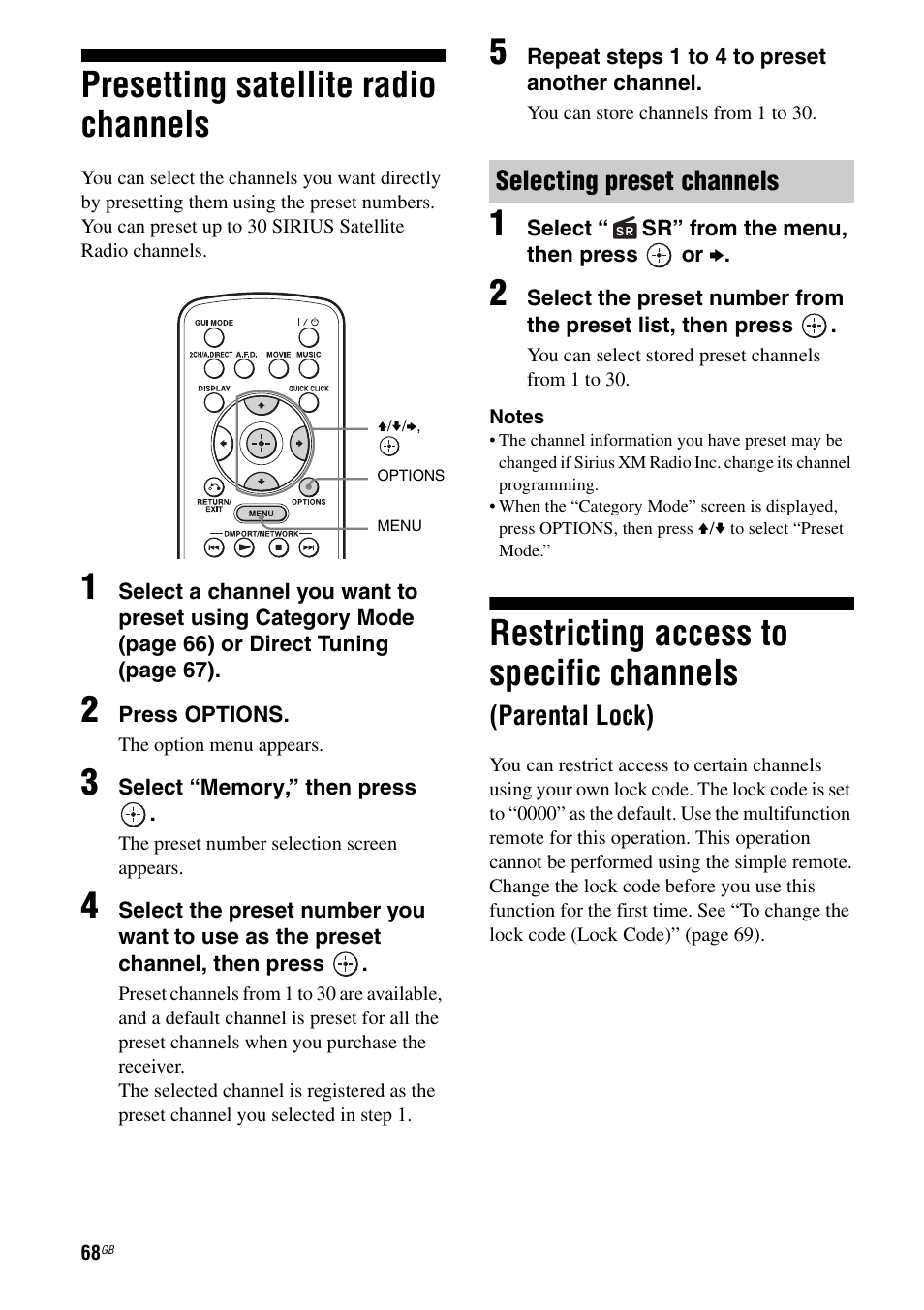 Presetting satellite radio channels, Parental lock), Restricting access to specific channels | Selecting preset channels | Sony STR-DA4600ES User Manual | Page 68 / 170