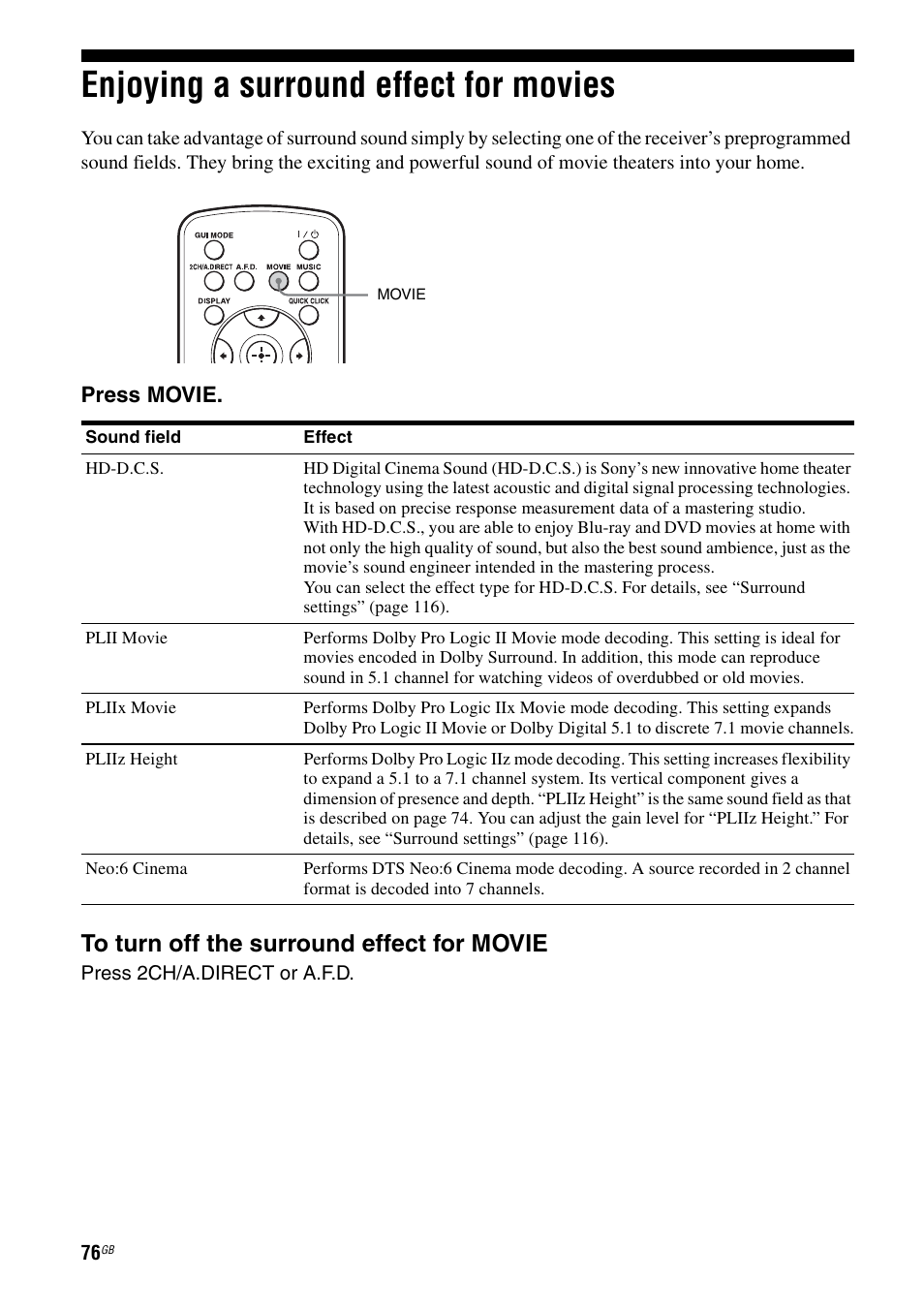 Enjoying a surround effect for movies | Sony STR-DA4600ES User Manual | Page 76 / 170