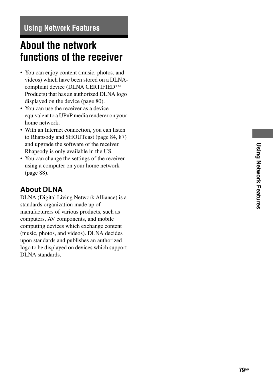 Using network features, About the network functions of the receiver, About the network functions of the | Receiver | Sony STR-DA4600ES User Manual | Page 79 / 170