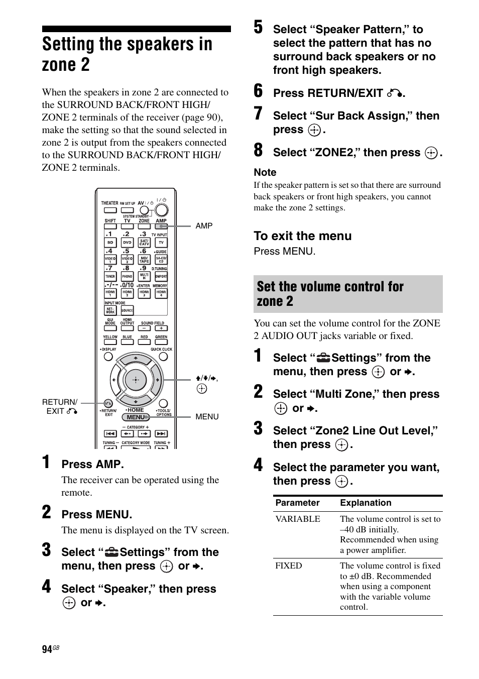 Setting the speakers in zone 2, Set the volume control for zone 2 | Sony STR-DA4600ES User Manual | Page 94 / 170