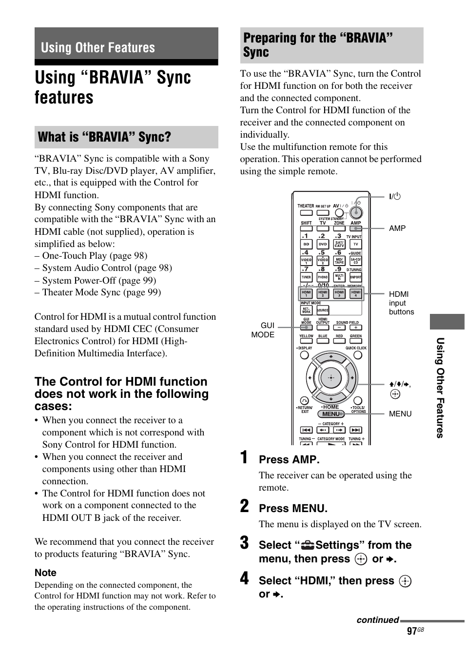 Using other features, Using “bravia” sync features | Sony STR-DA4600ES User Manual | Page 97 / 170