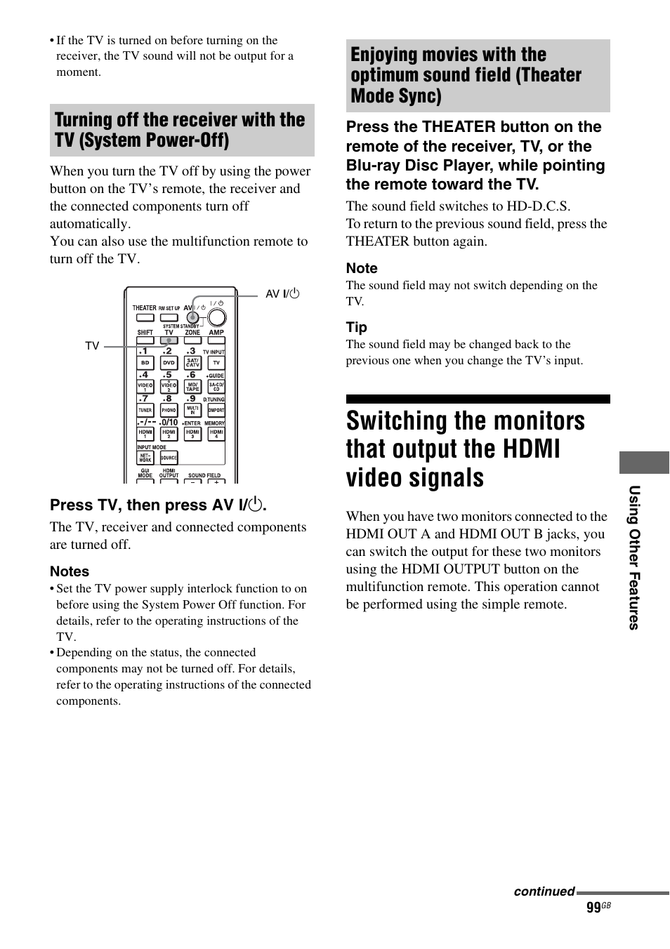 Switching the monitors that output the hdmi, Video signals | Sony STR-DA4600ES User Manual | Page 99 / 170