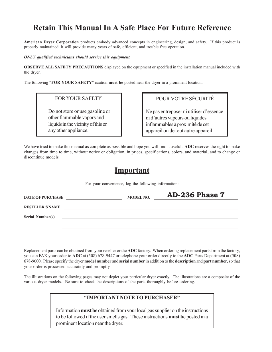 Important, Ad-236 phase 7 | American Dryer Corp. AD-236 User Manual | Page 2 / 33