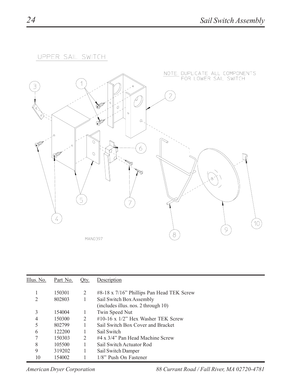 Sail switch assembly | American Dryer Corp. AD-236 User Manual | Page 26 / 33