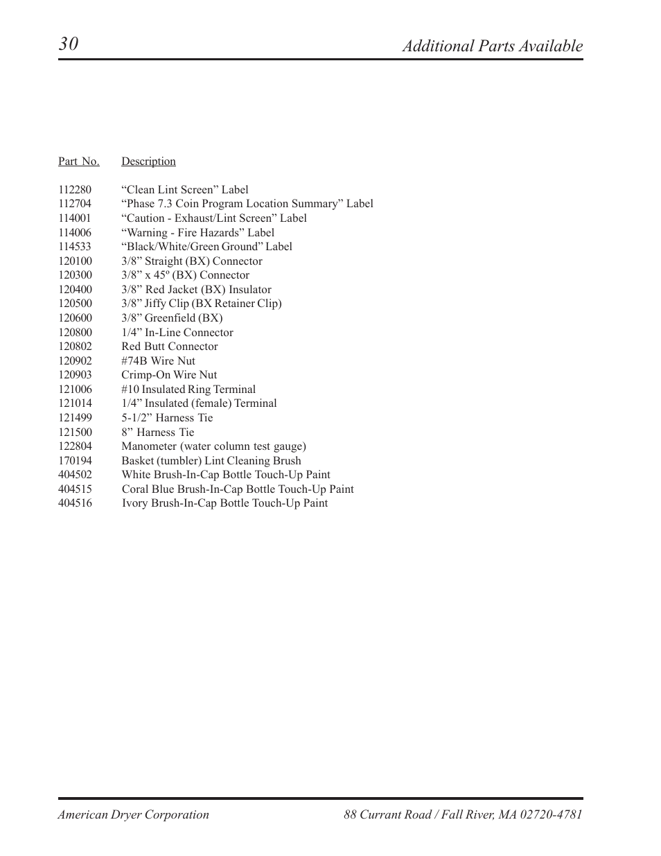 Additional parts available | American Dryer Corp. AD-236 User Manual | Page 32 / 33
