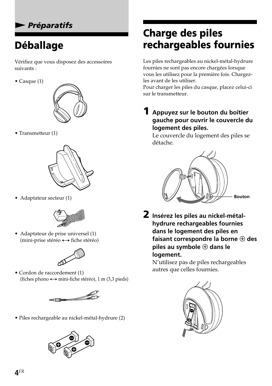 Préparatifs, Déballage, Charge des piles rechargeables fournies | Déballage charge des piles rechargeables, Fournies, Npréparatifs | Sony TMR-RF960R User Manual | Page 16 / 40