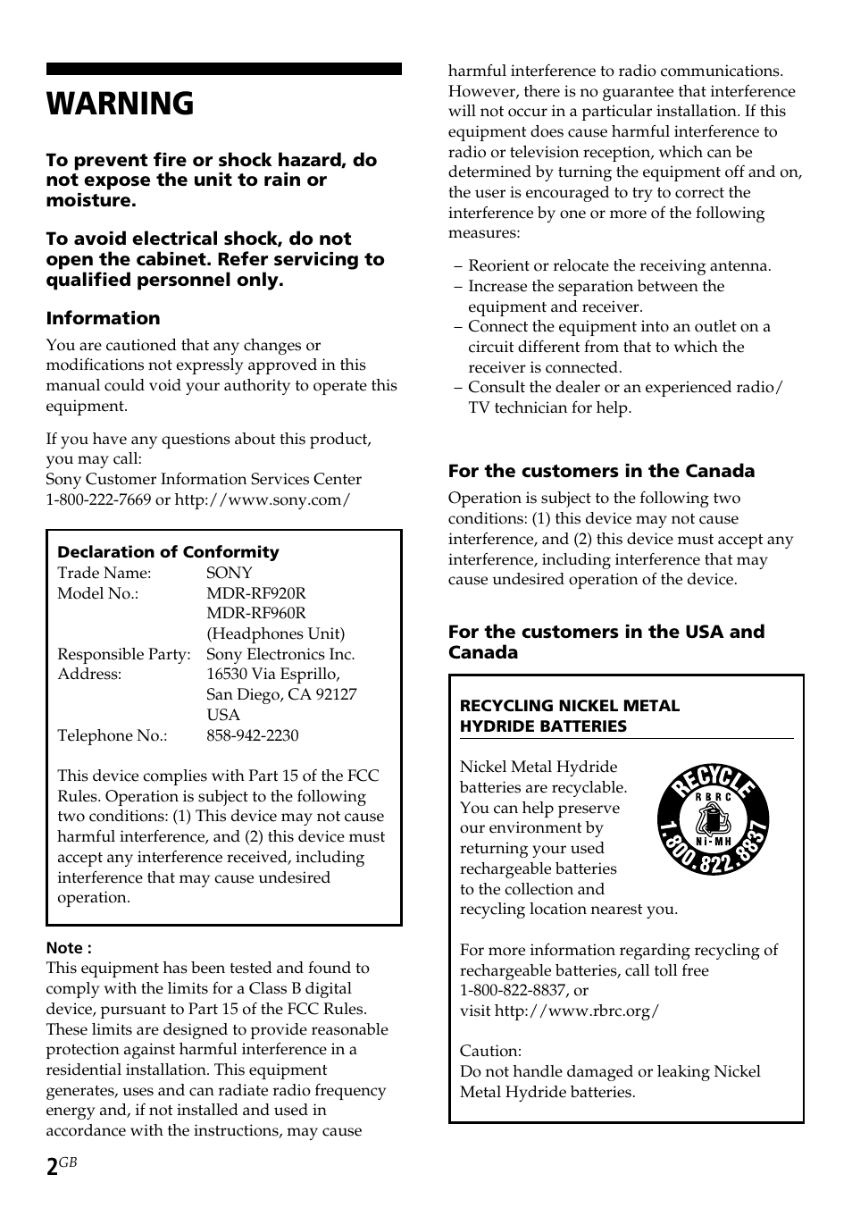 Warning | Sony TMR-RF960R User Manual | Page 2 / 40