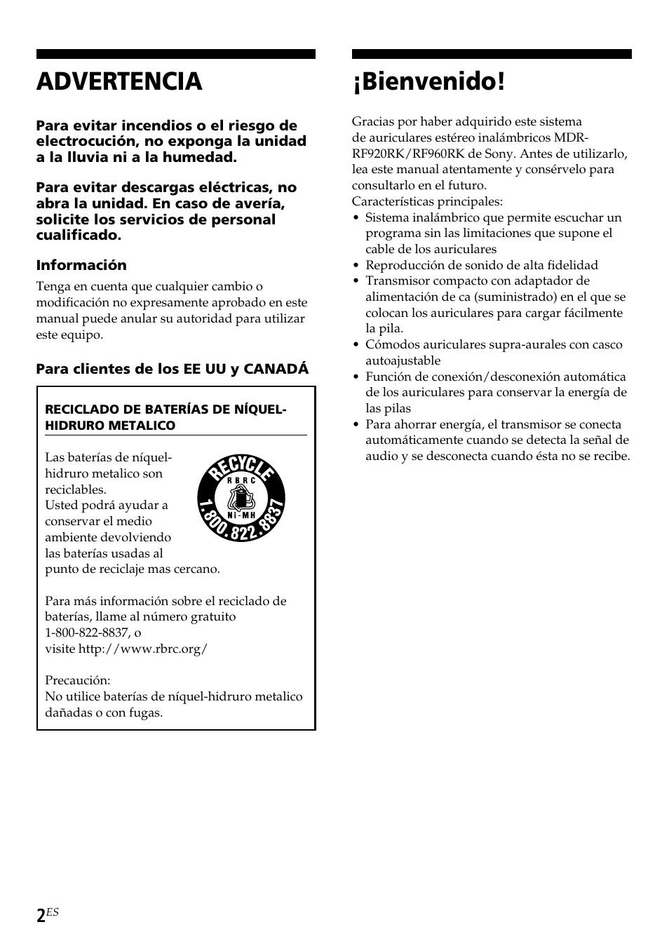 Advertencia, Bienvenido | Sony TMR-RF960R User Manual | Page 26 / 40