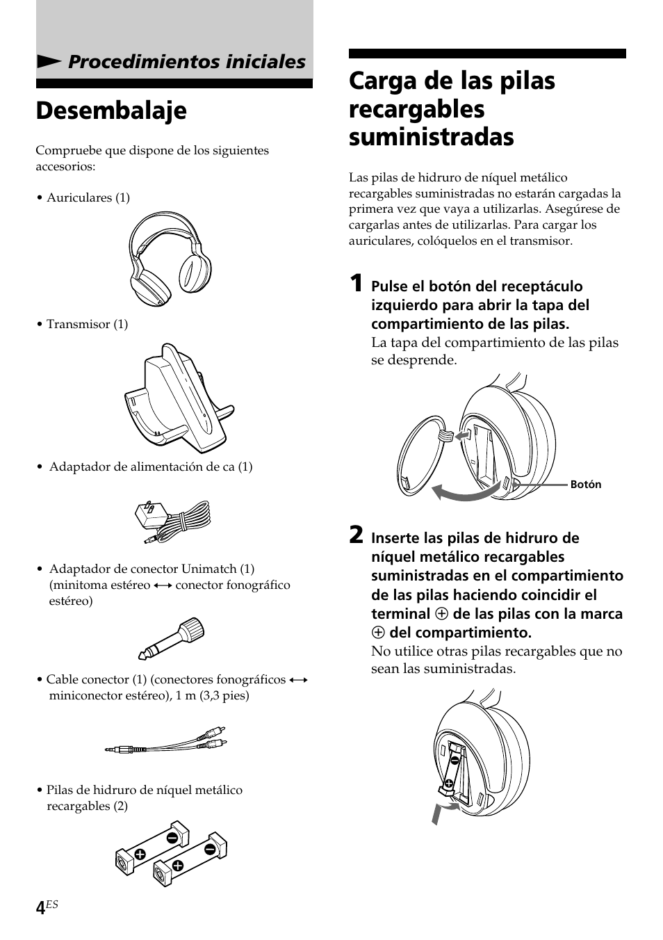 Procedimientos iniciales, Desembalaje, Carga de las pilas recargables suministradas | Desembalaje carga de las pilas recargables, Suministradas, Nprocedimientos iniciales | Sony TMR-RF960R User Manual | Page 28 / 40
