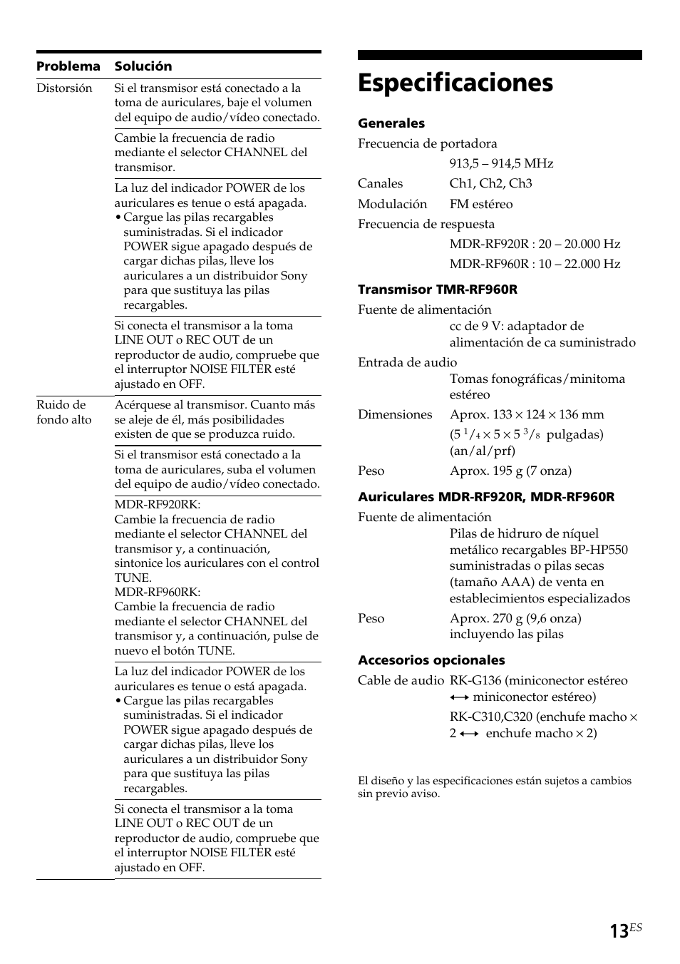 Especificaciones | Sony TMR-RF960R User Manual | Page 37 / 40