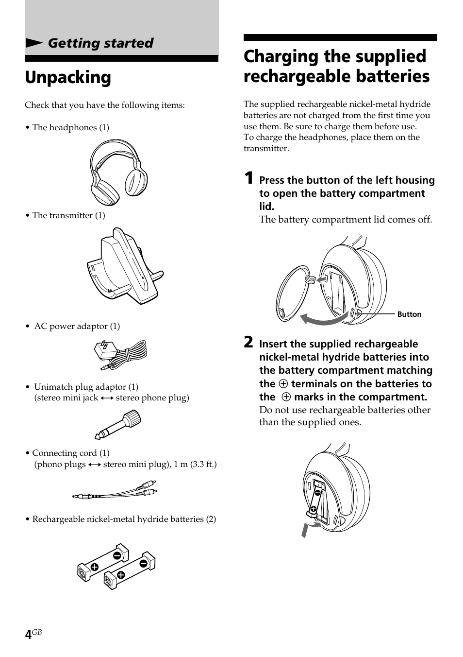 Getting started, Unpacking, Charging the supplied rechargeable batteries | Unpacking charging the supplied rechargeable, Batteries, Ngetting started | Sony TMR-RF960R User Manual | Page 4 / 40