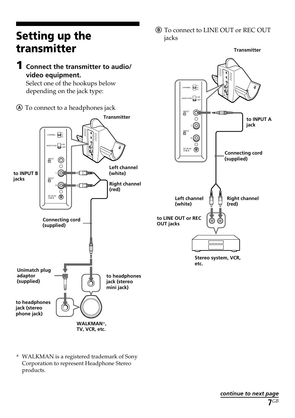 Setting up the transmitter, Setting up the transmitter 1, Connect the transmitter to audio/ video equipment | Bto connect to line out or rec out jacks, Continue to next page | Sony TMR-RF960R User Manual | Page 7 / 40