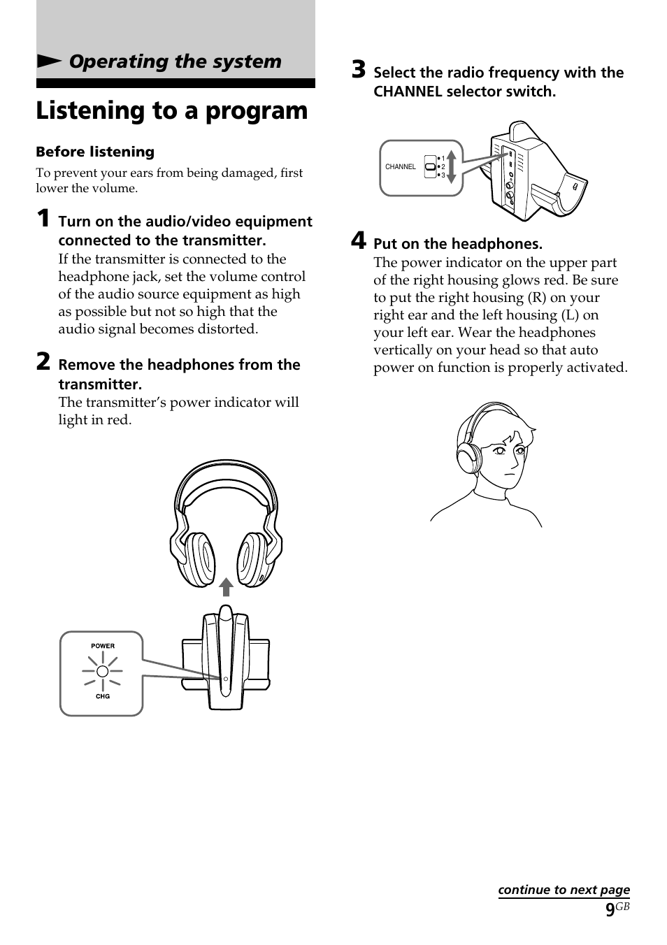 Operating the system, Listening to a program | Sony TMR-RF960R User Manual | Page 9 / 40