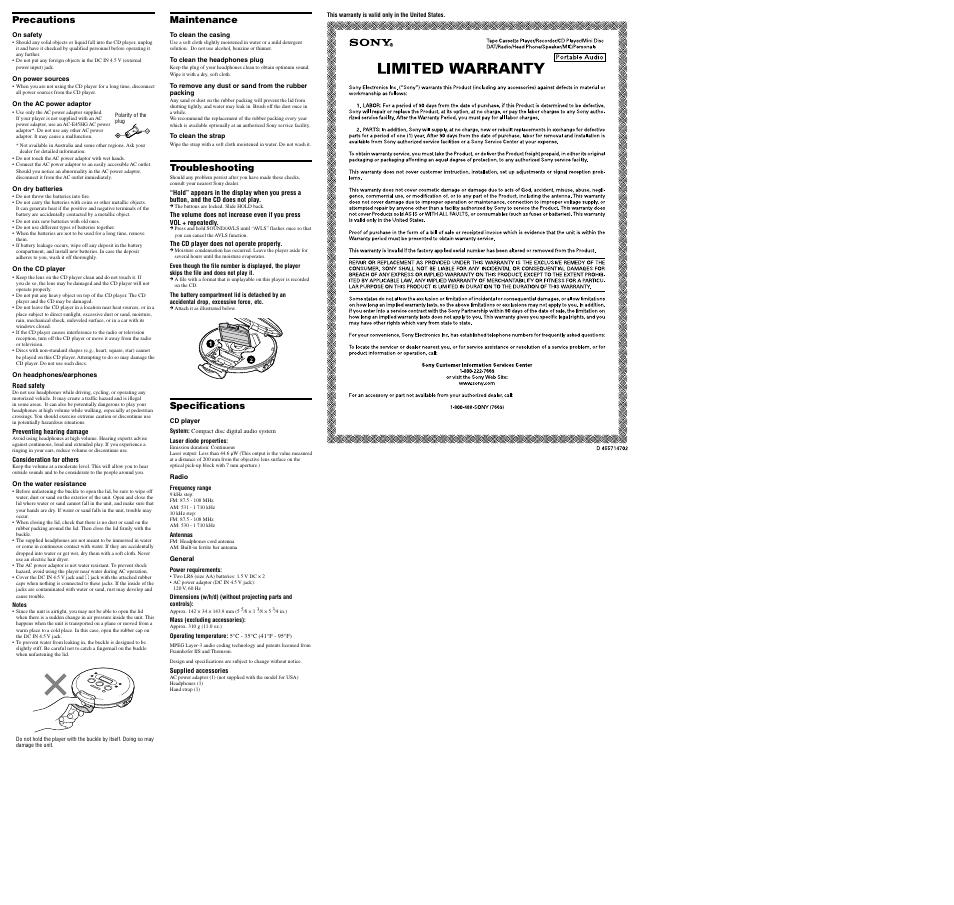 Precautions, Maintenance, Troubleshooting | Specifications | Sony D-NS313F User Manual | Page 2 / 2