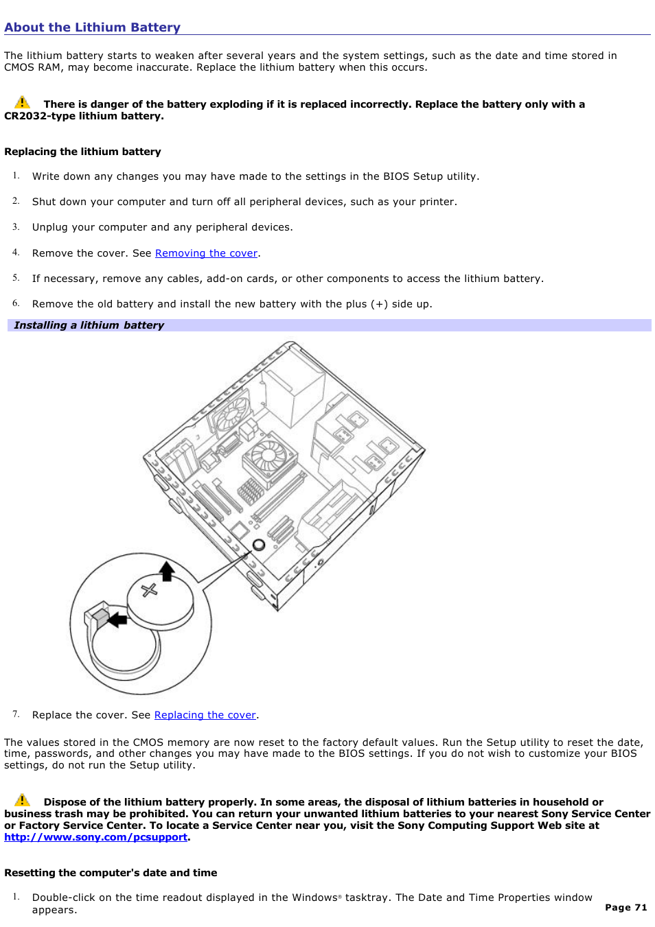 About the lithium battery | Sony PCV-RS220 User Manual | Page 71 / 114
