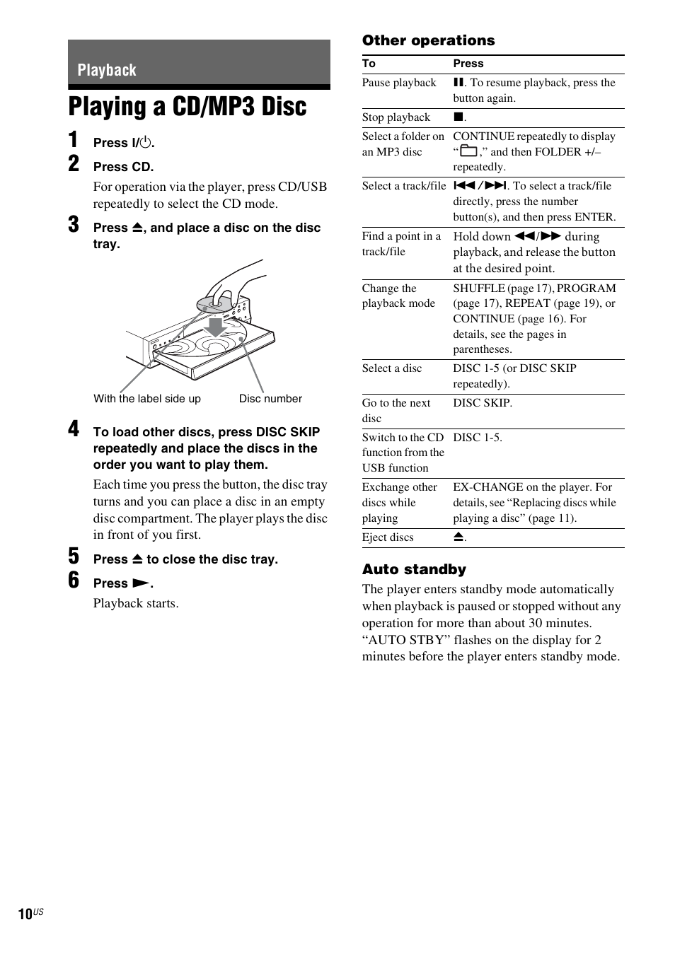 Playback, Playing a cd/mp3 disc, Es 10 | Es 10, 16) | Sony CDP-CE500 User Manual | Page 10 / 24