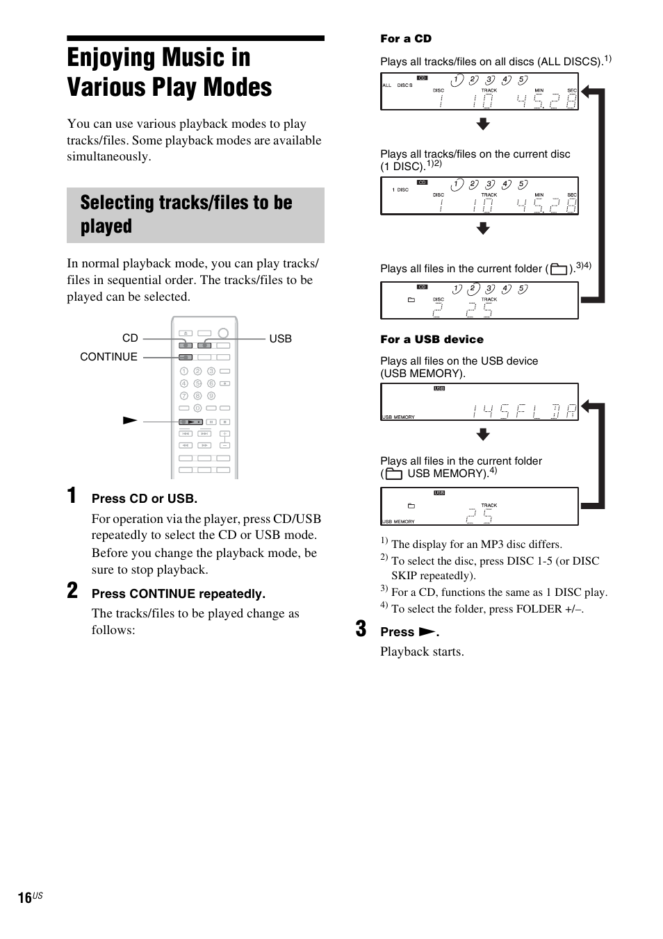 Enjoying music in various play modes, Selecting tracks/files to be played, E 16 | Sony CDP-CE500 User Manual | Page 16 / 24