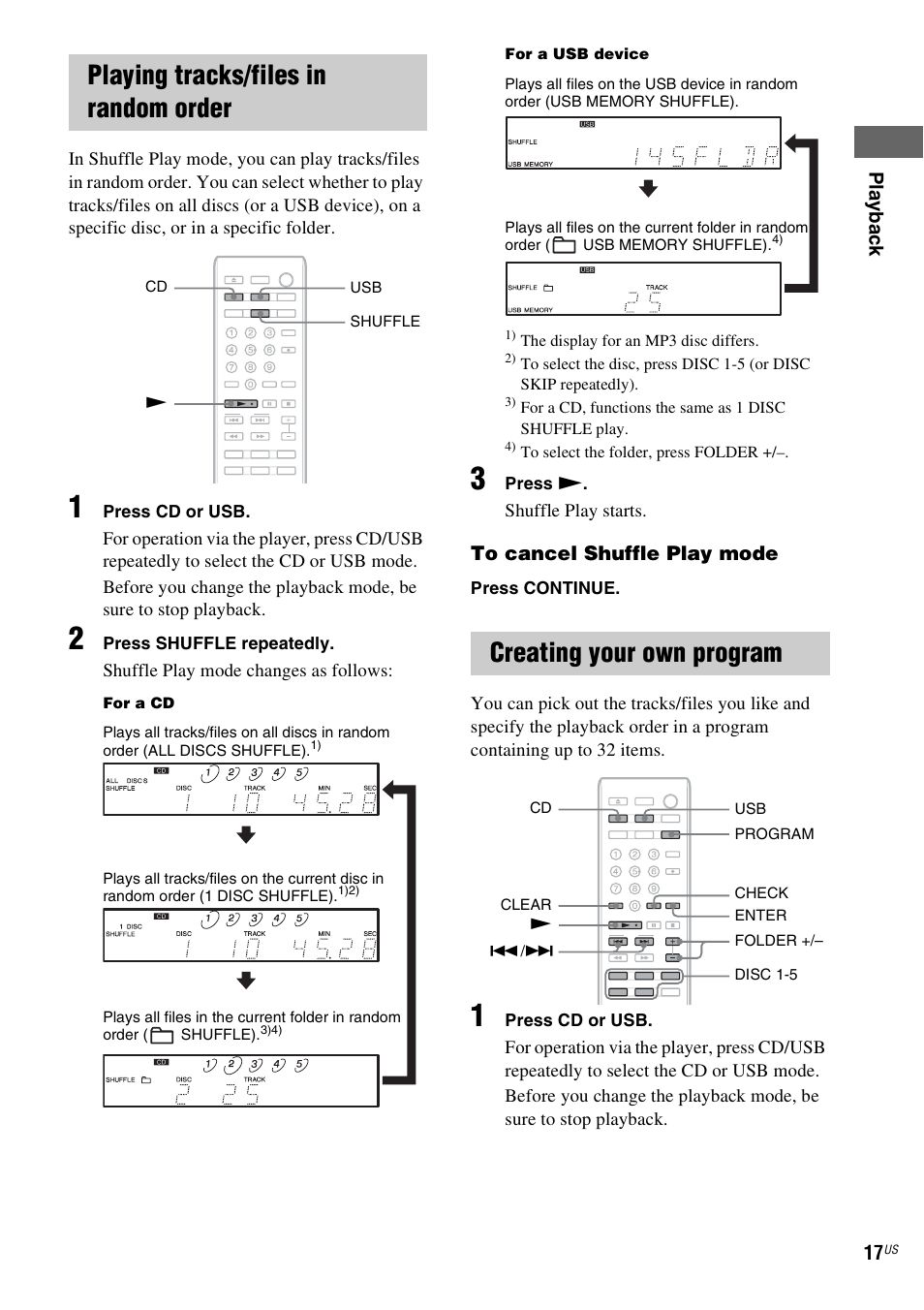Playing tracks/files in random order, Creating your own program, E 17) | E 17, 17), p | Sony CDP-CE500 User Manual | Page 17 / 24
