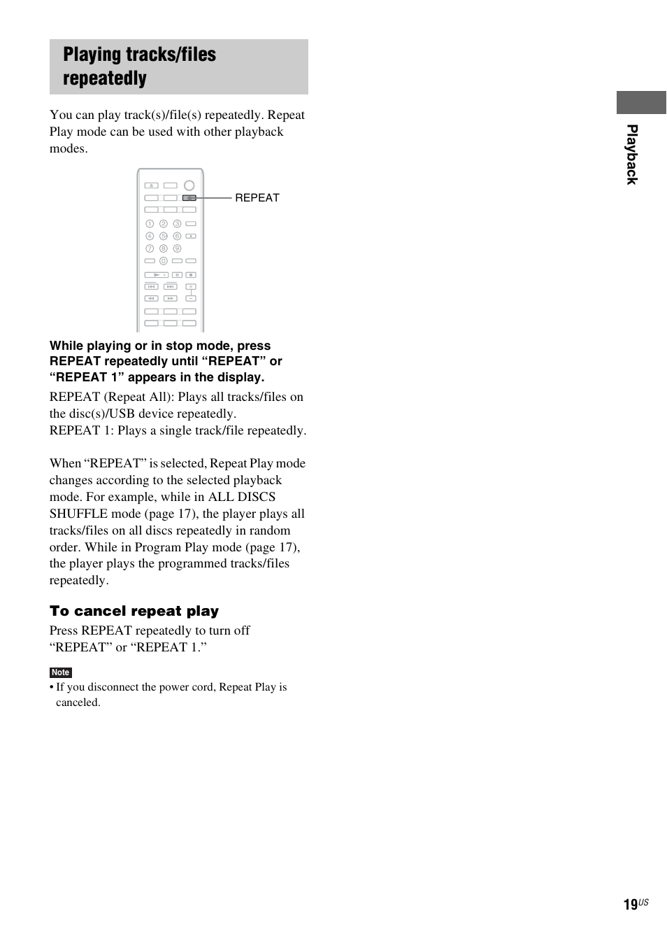 Playing tracks/files repeatedly, E 19 | Sony CDP-CE500 User Manual | Page 19 / 24