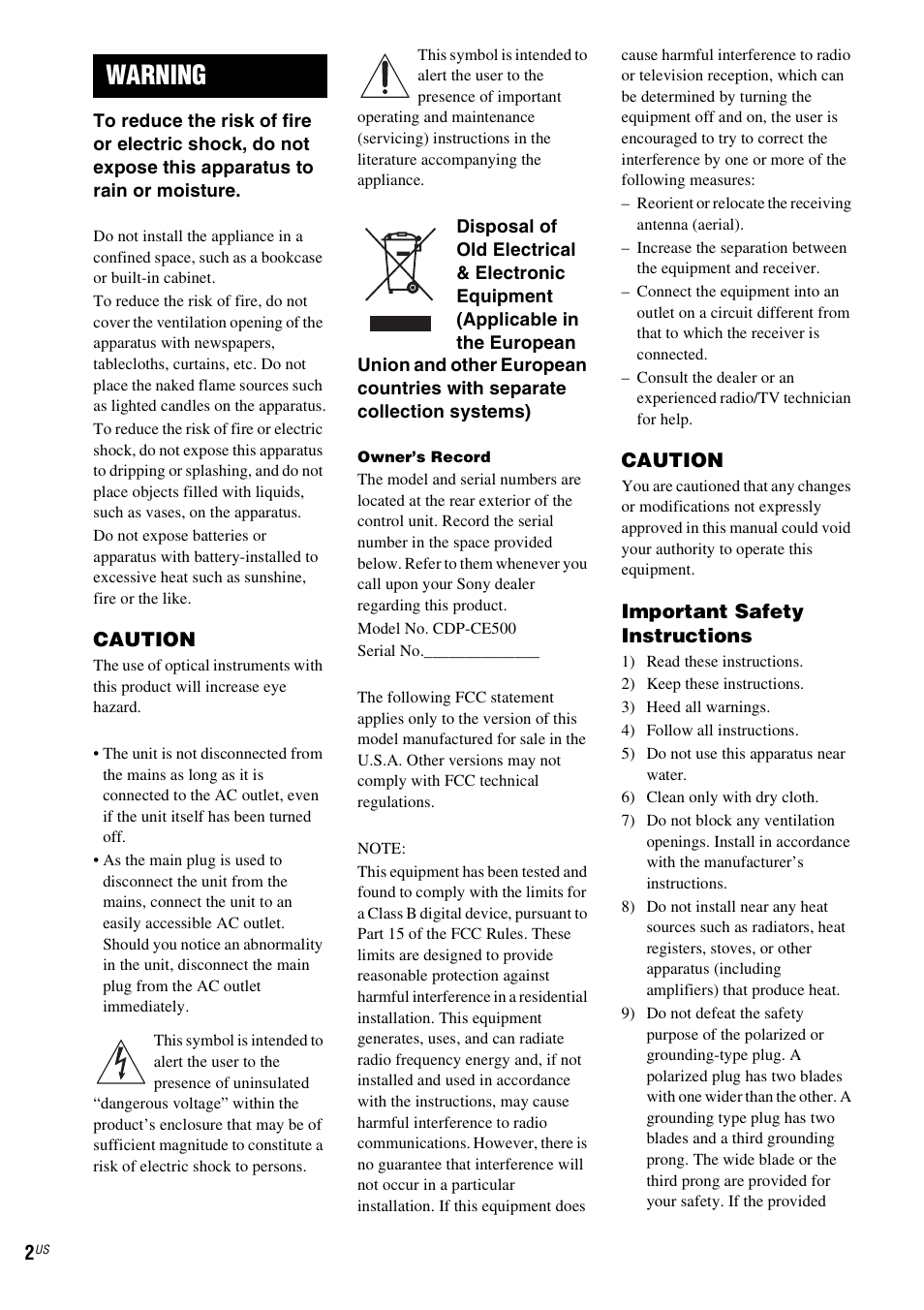 Warning | Sony CDP-CE500 User Manual | Page 2 / 24