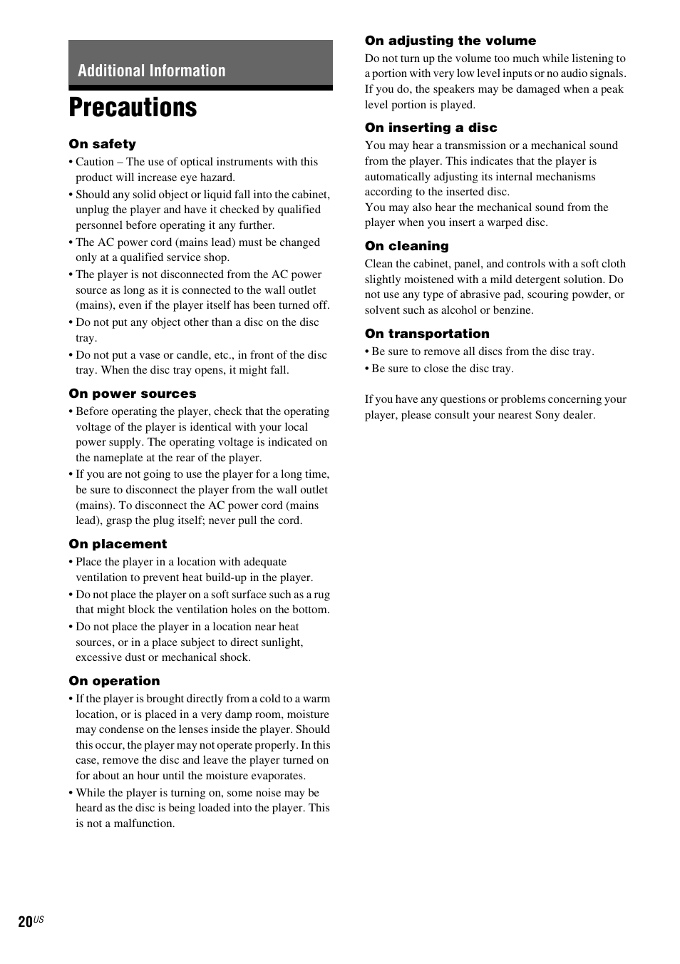 Additional information, Precautions | Sony CDP-CE500 User Manual | Page 20 / 24