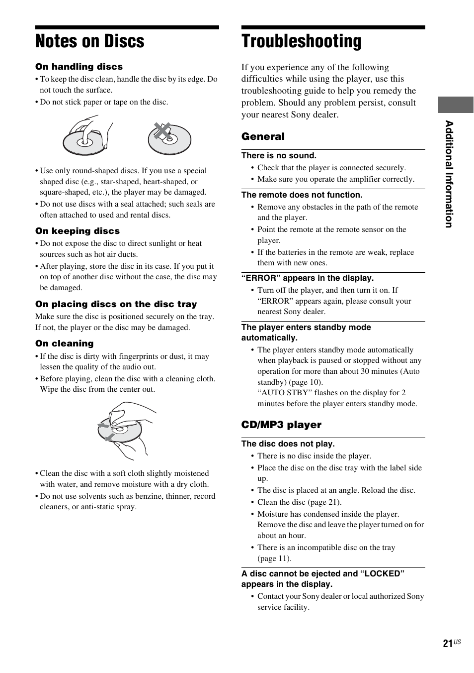 Notes on discs, Troubleshooting, Notes on discs troubleshooting | Sony CDP-CE500 User Manual | Page 21 / 24
