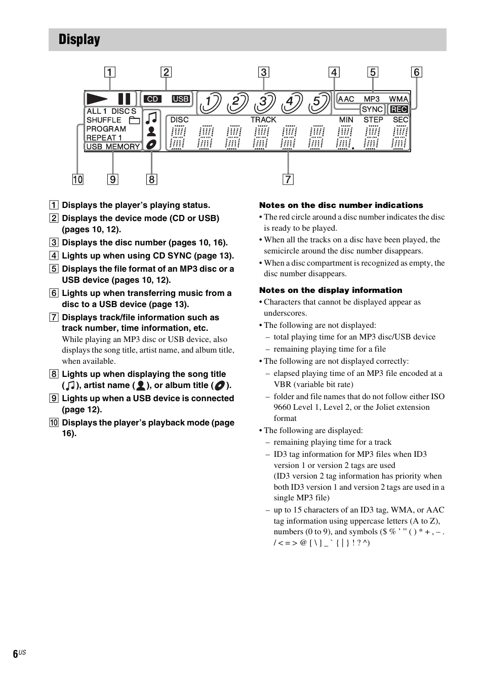 Display | Sony CDP-CE500 User Manual | Page 6 / 24