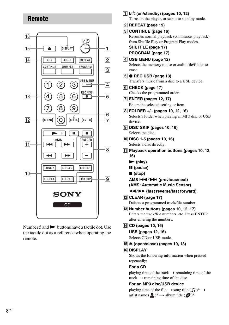 Remote | Sony CDP-CE500 User Manual | Page 8 / 24