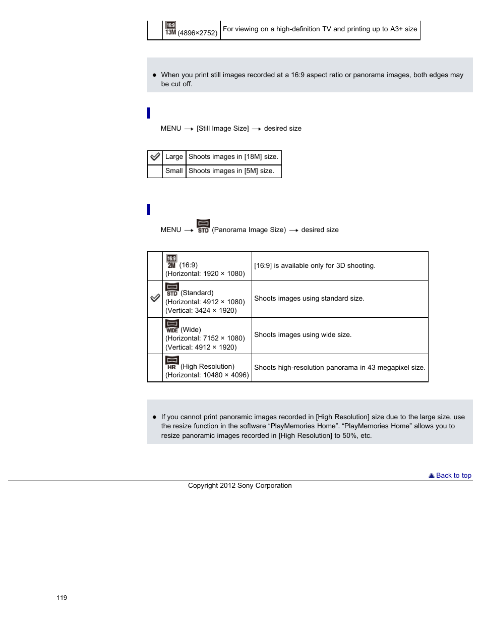 Image size in easy mode, Image size when shooting sweep panorama | Sony DSC-HX200V User Manual | Page 128 / 297